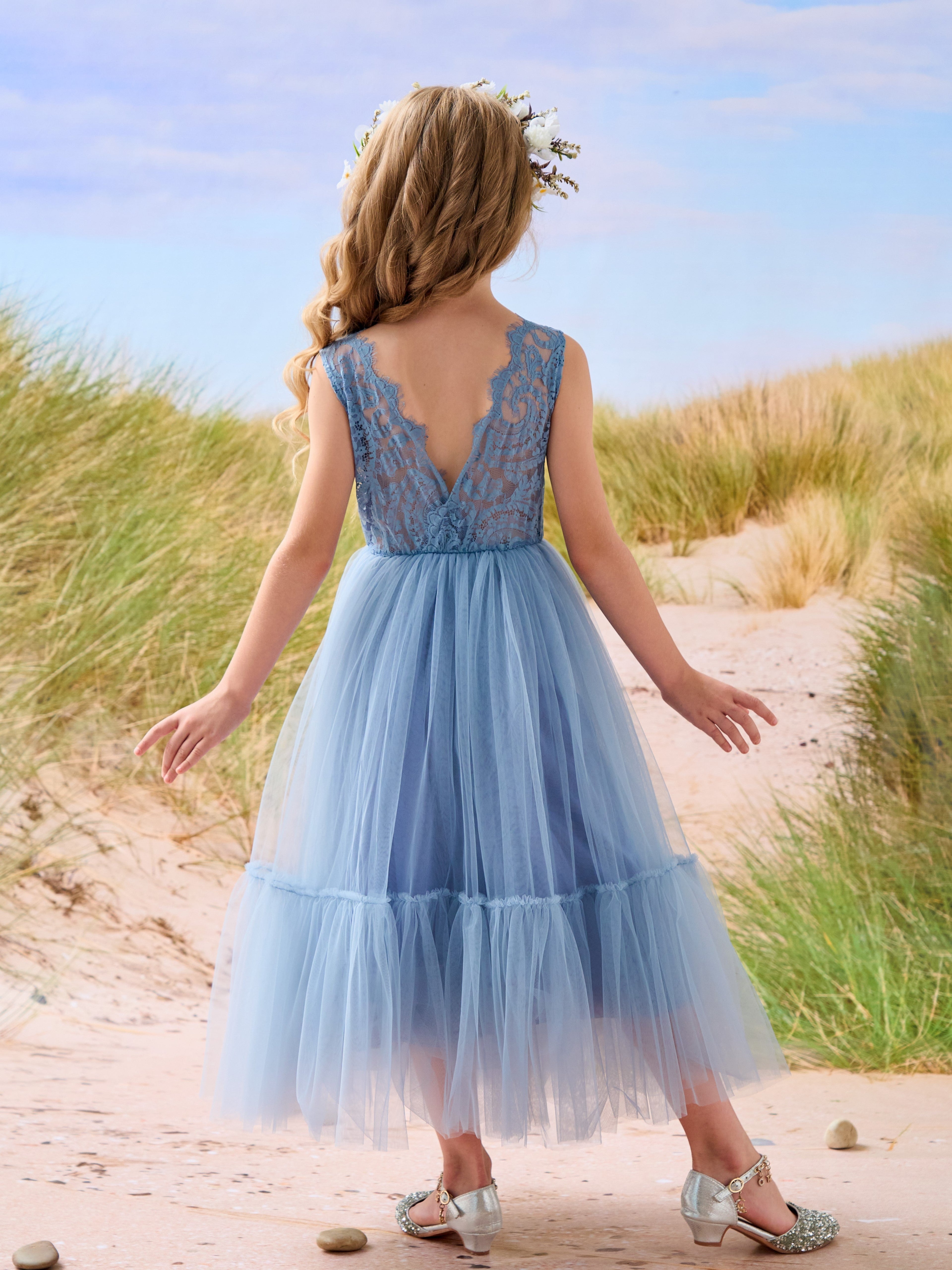 Vestido largo de tul y encaje estilo boho para niña de las flores 