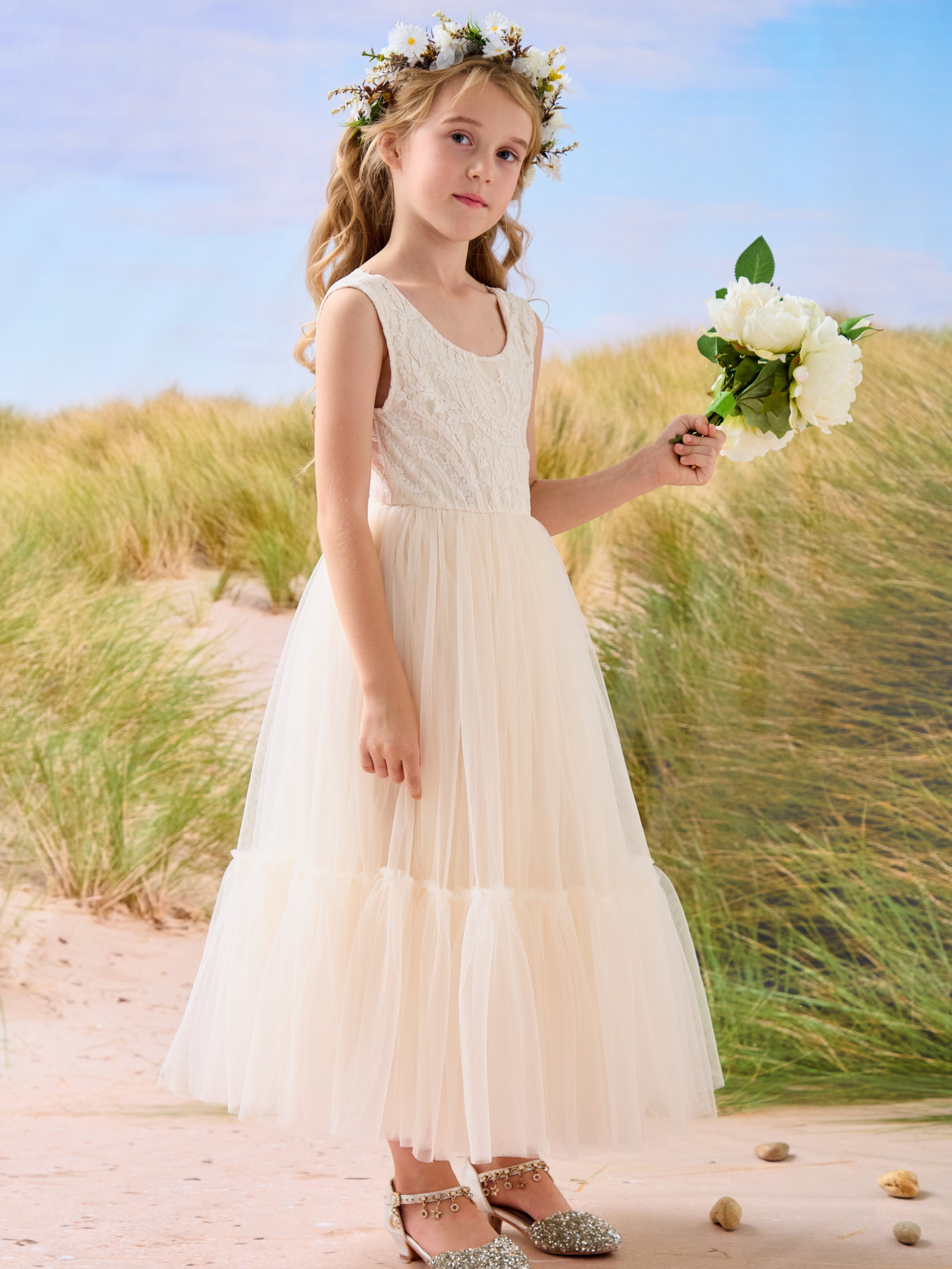 Vestido largo de tul y encaje estilo boho para niña de las flores 