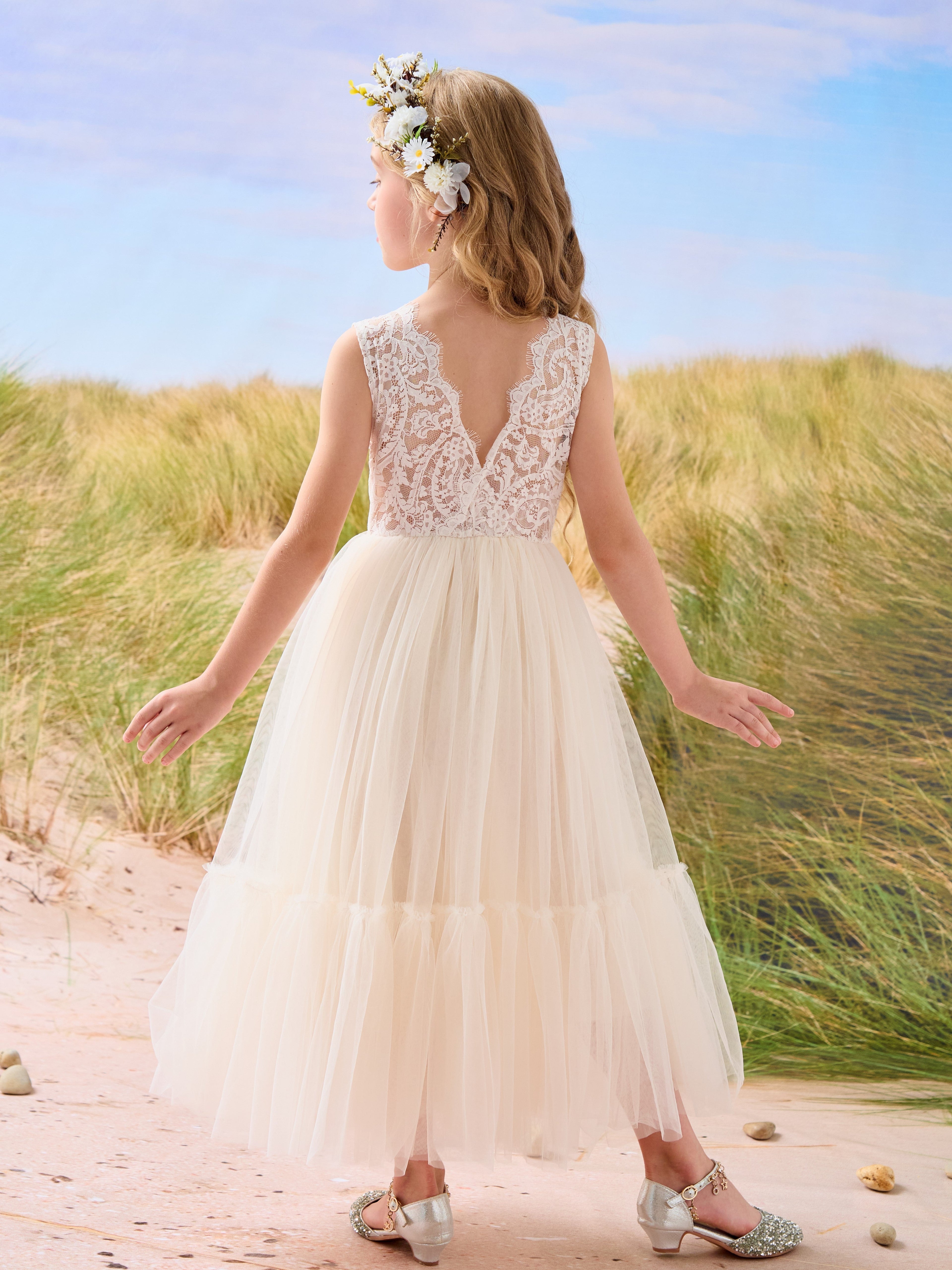 Vestido largo de tul y encaje estilo boho para niña de las flores 