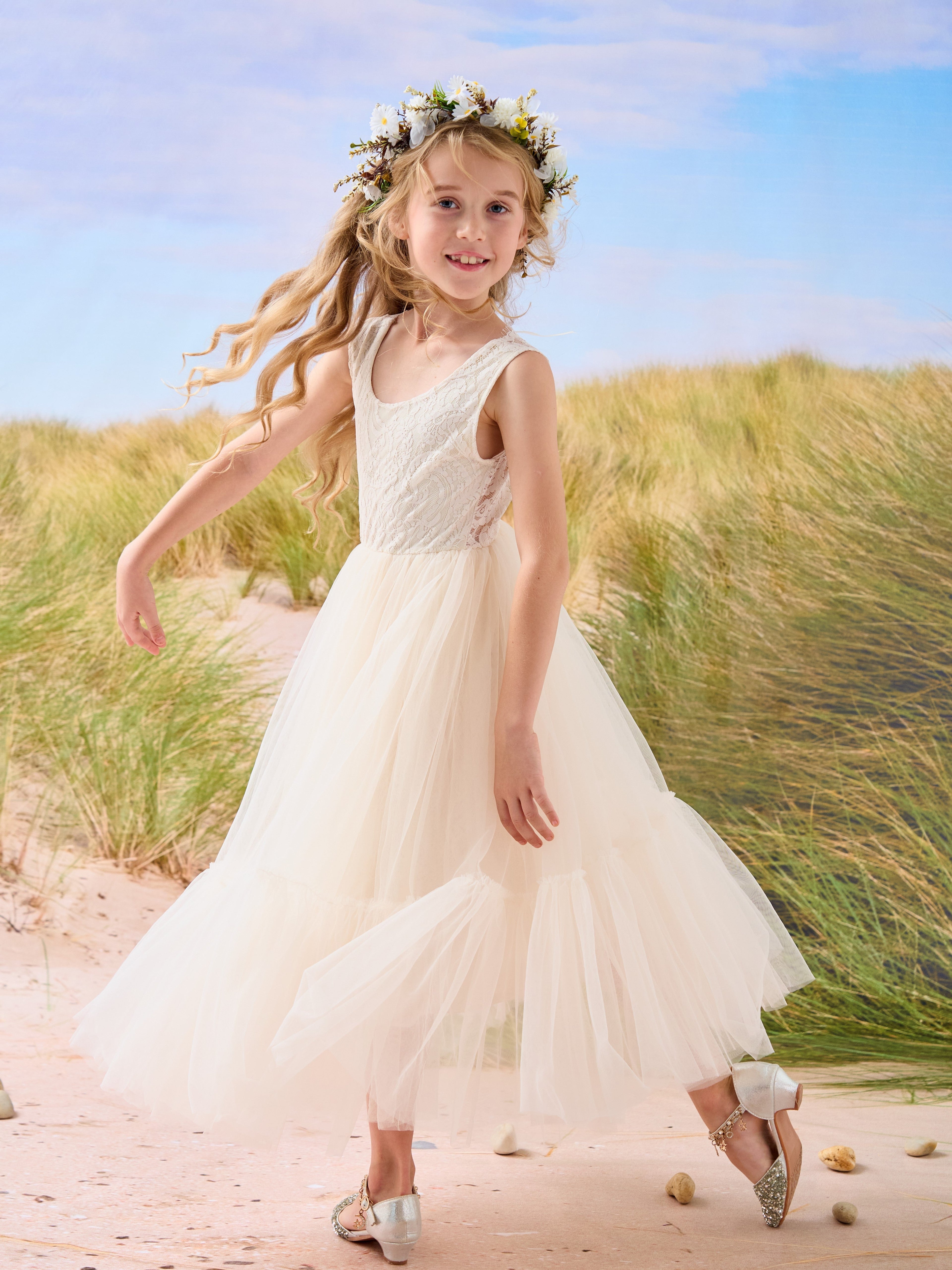 Vestido largo de tul y encaje estilo boho para niña de las flores 