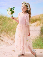 Vestido de niña de las flores color salvia con escote redondo, superficie de tela y tul (2003227581) 