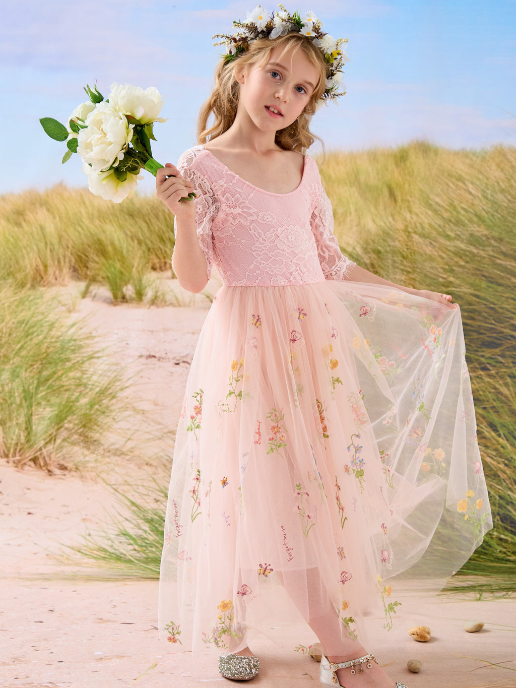 Vestido de niña de las flores color salvia con escote redondo, superficie de tela y tul (2003227581) 