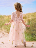 Vestido de niña de las flores color salvia con escote redondo, superficie de tela y tul (2003227581) 