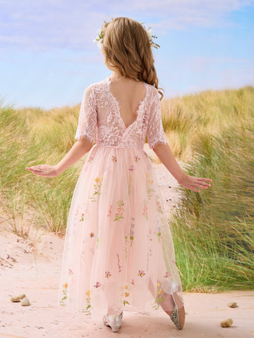 Vestido de niña de las flores color salvia con escote redondo, superficie de tela y tul (2003227581) 