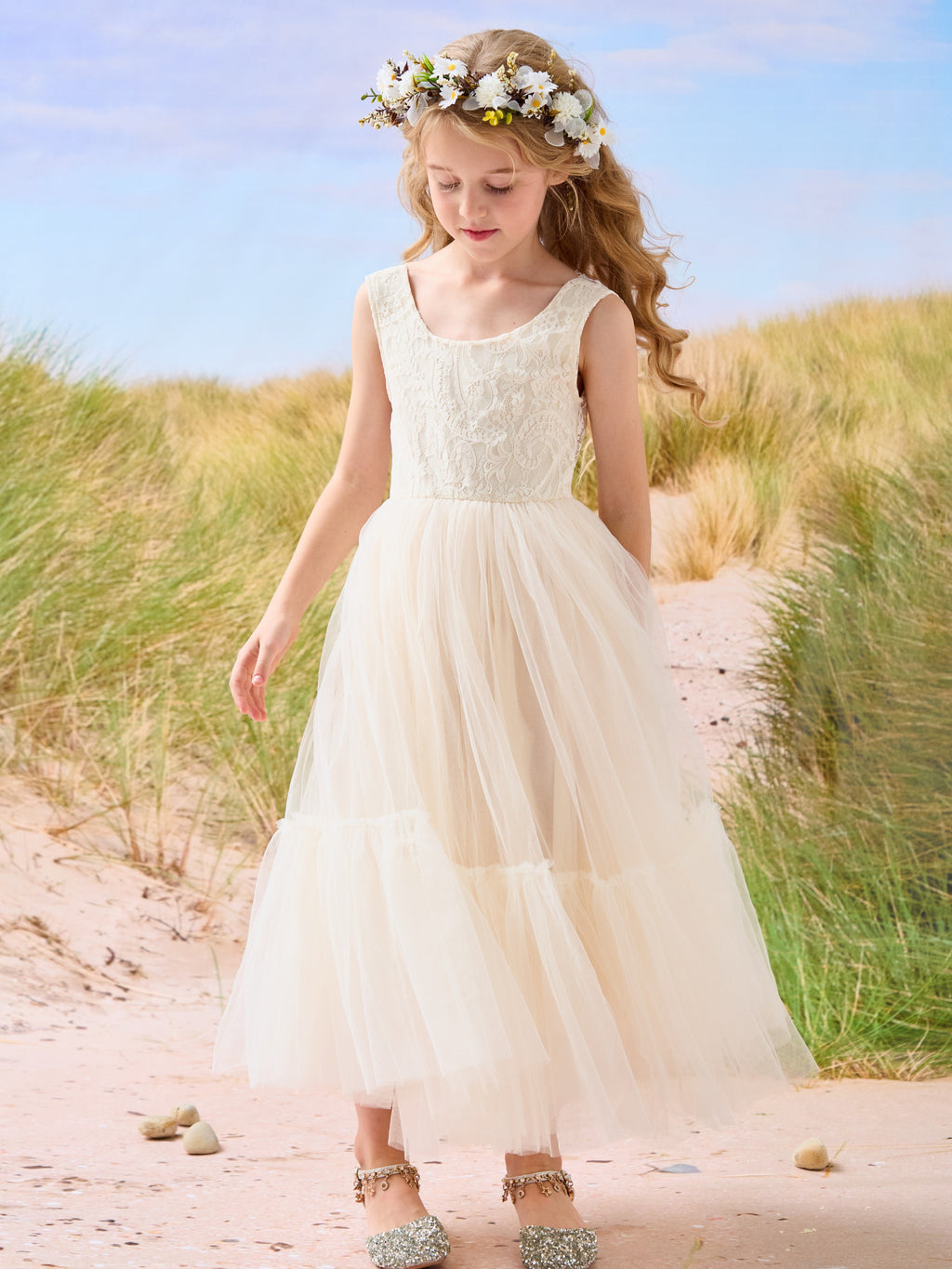 Vestido largo de tul y encaje estilo boho para niña de las flores 