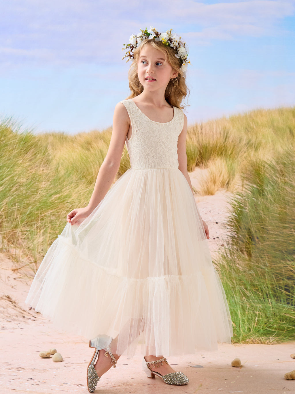 Vestido largo de tul y encaje estilo boho para niña de las flores 