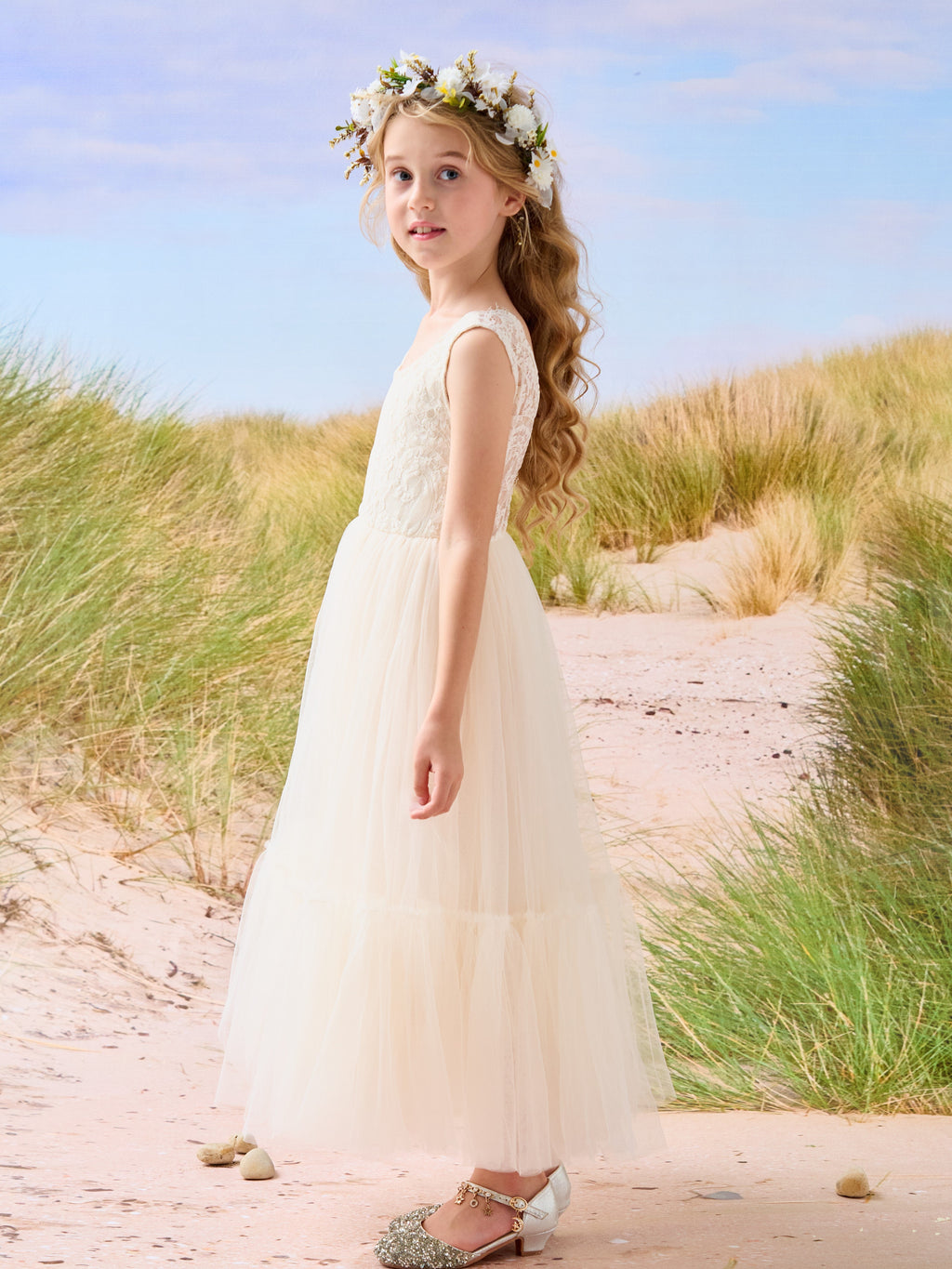 Vestido largo de tul y encaje estilo boho para niña de las flores 