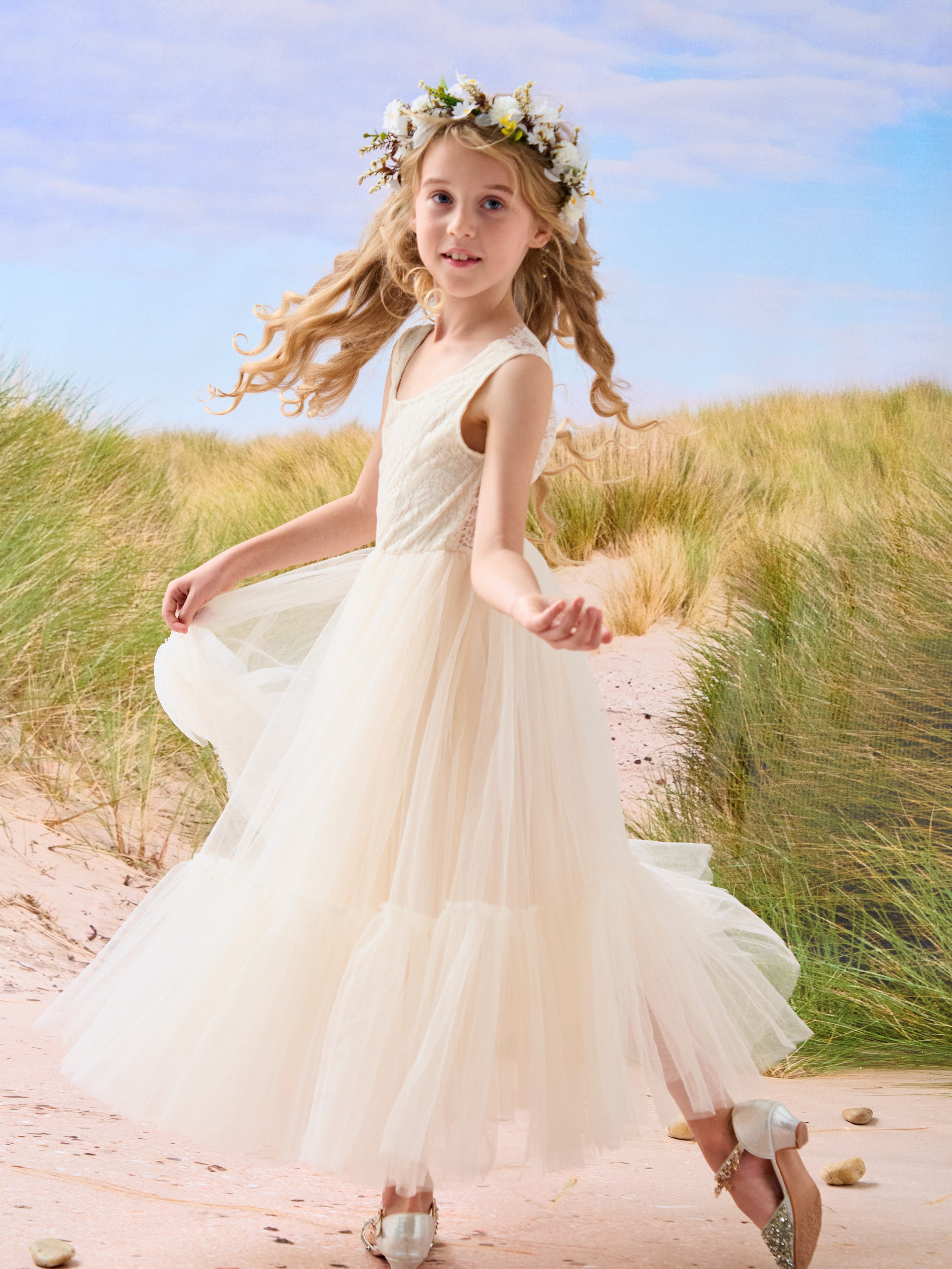Vestido largo de tul y encaje estilo boho para niña de las flores 