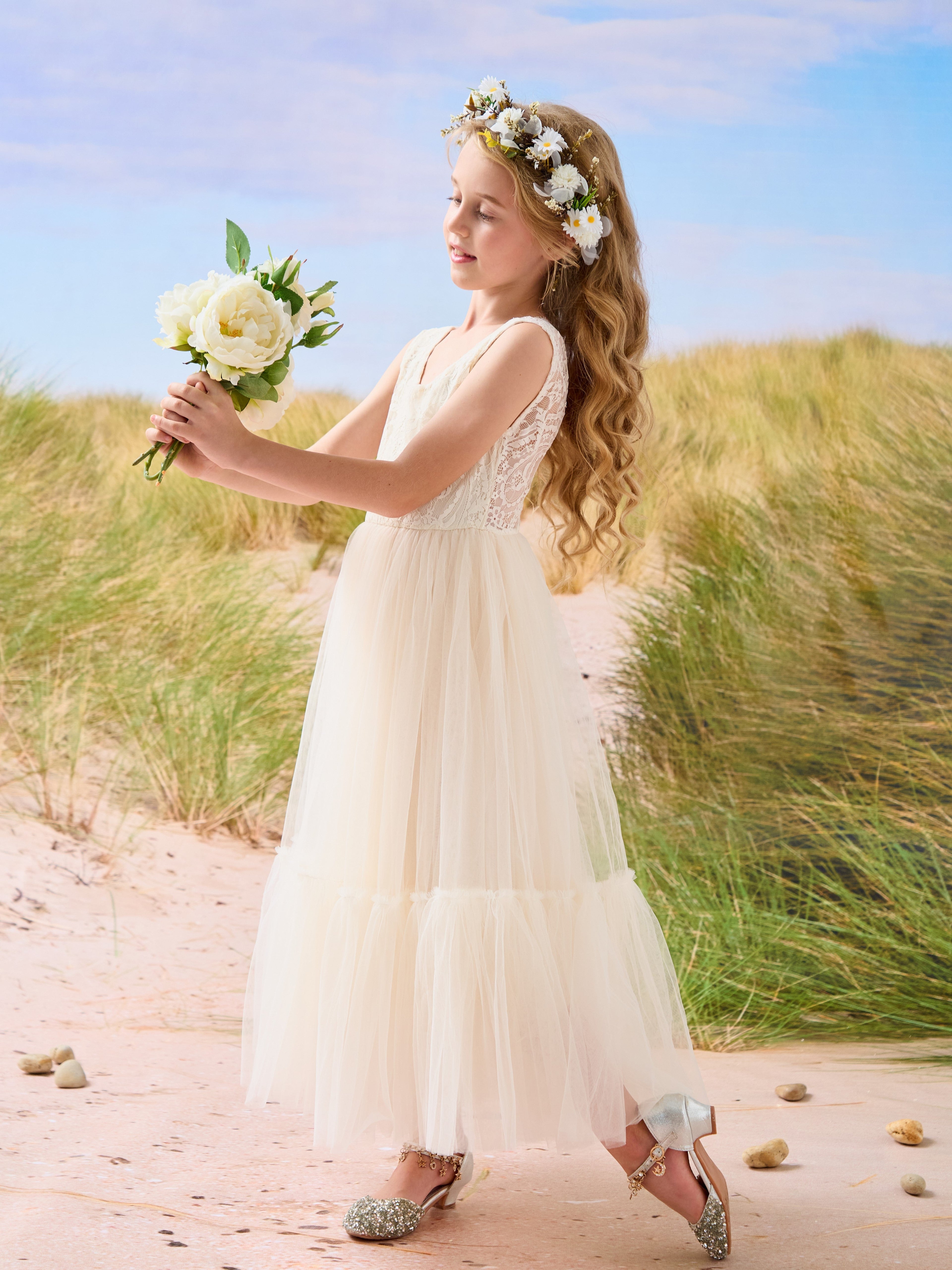 Vestido largo de tul y encaje estilo boho para niña de las flores 