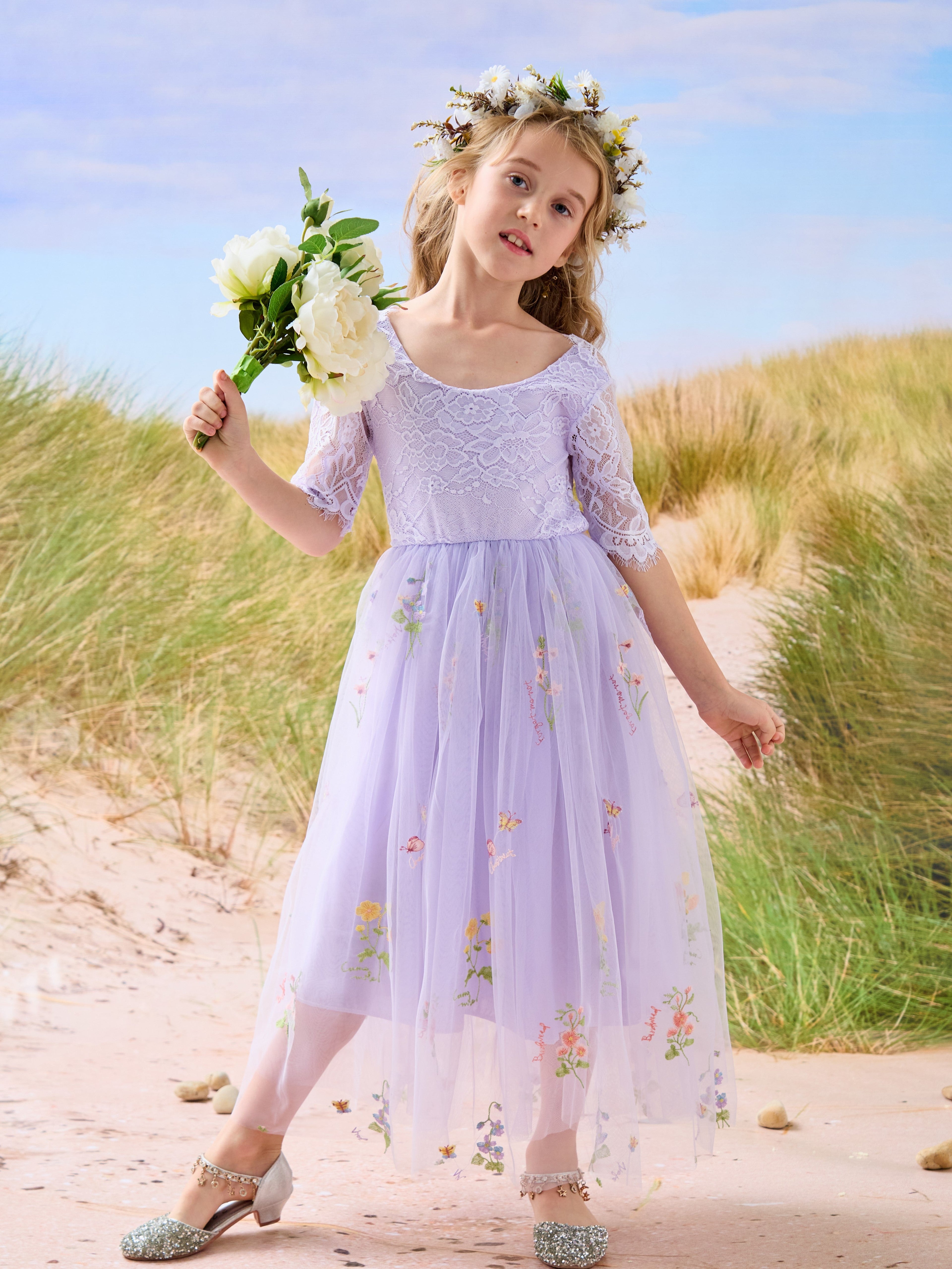 Vestido de niña de las flores color salvia con escote redondo, superficie de tela y tul (2003227581) 