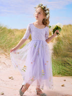 Vestido de niña de las flores color salvia con escote redondo, superficie de tela y tul (2003227581) 