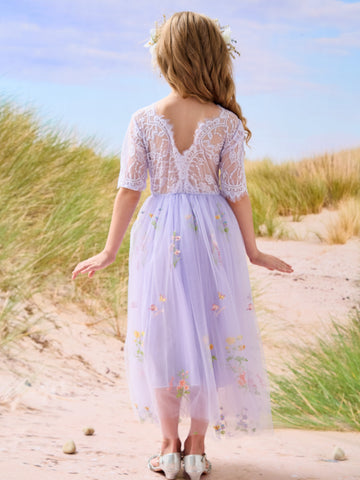 Vestido de niña de las flores color salvia con escote redondo, superficie de tela y tul (2003227581) 