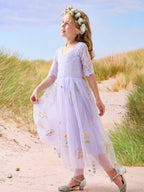 Vestido de niña de las flores color salvia con escote redondo, superficie de tela y tul (2003227581) 