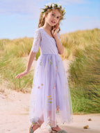 Vestido de niña de las flores color salvia con escote redondo, superficie de tela y tul (2003227581) 