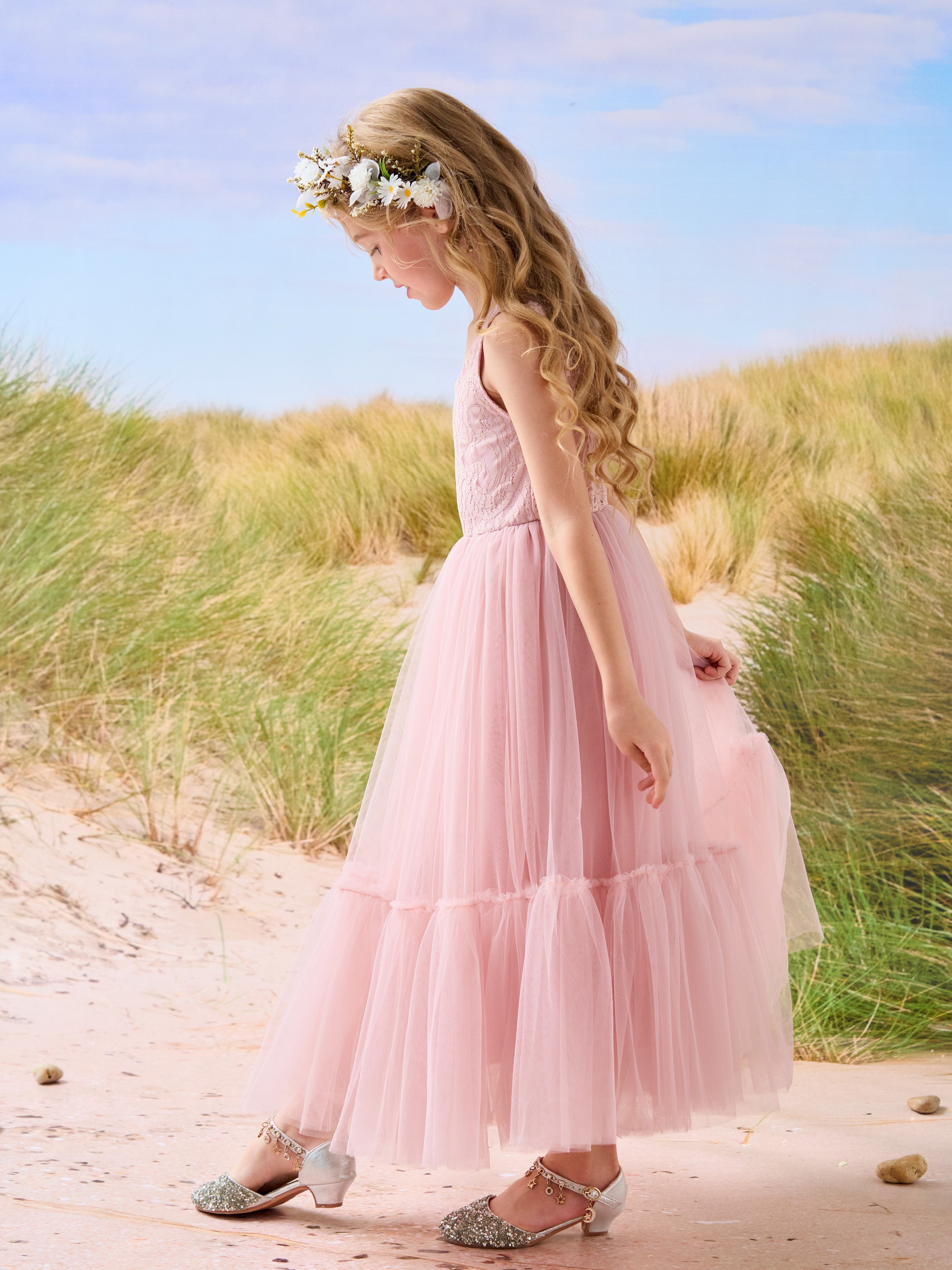 Vestido largo de tul y encaje estilo boho para niña de las flores 