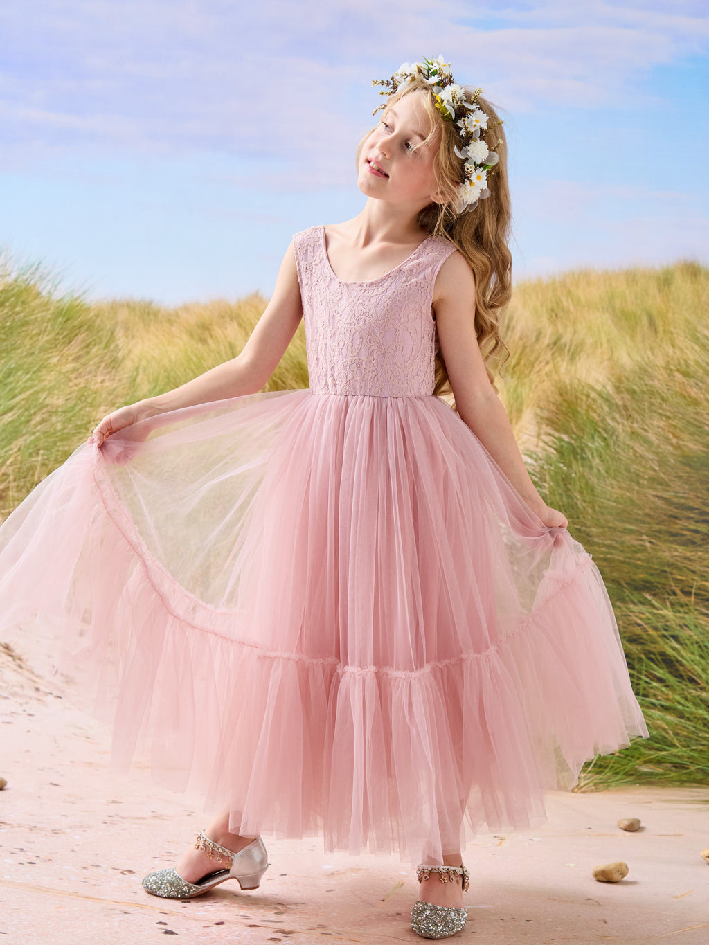 Vestido largo de tul y encaje estilo boho para niña de las flores 