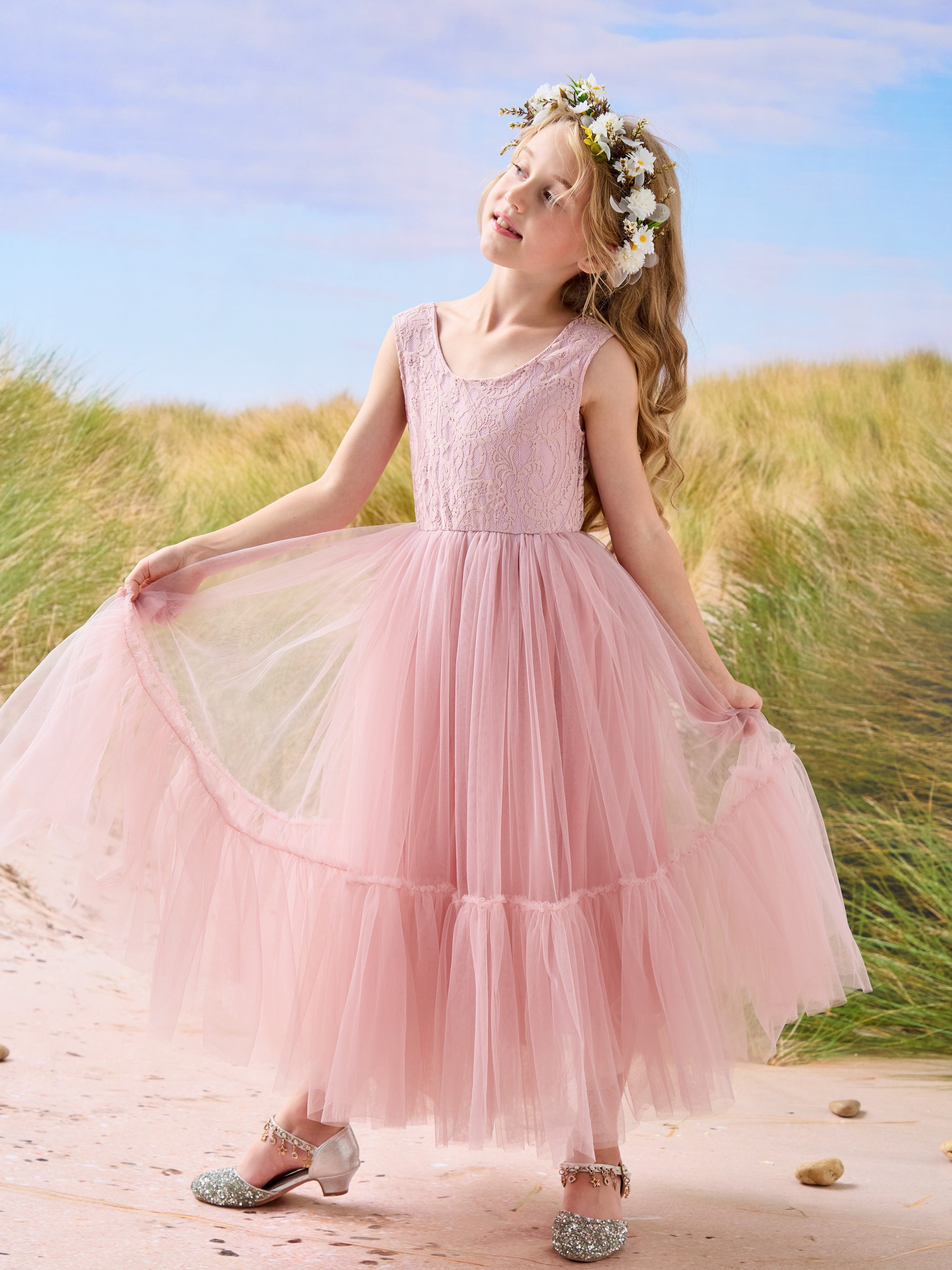 Vestido largo de tul y encaje estilo boho para niña de las flores 