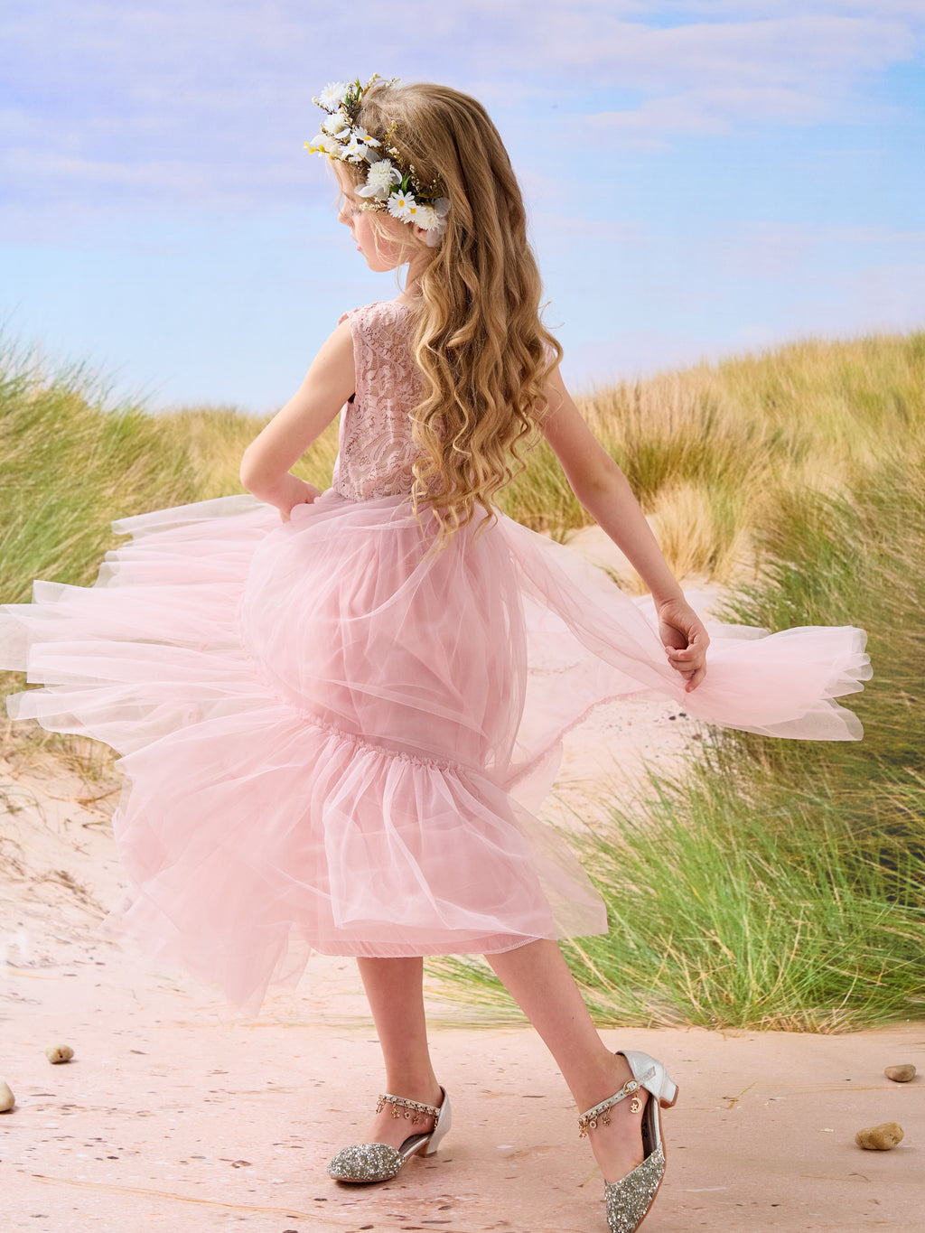 Vestido largo de tul y encaje estilo boho para niña de las flores 