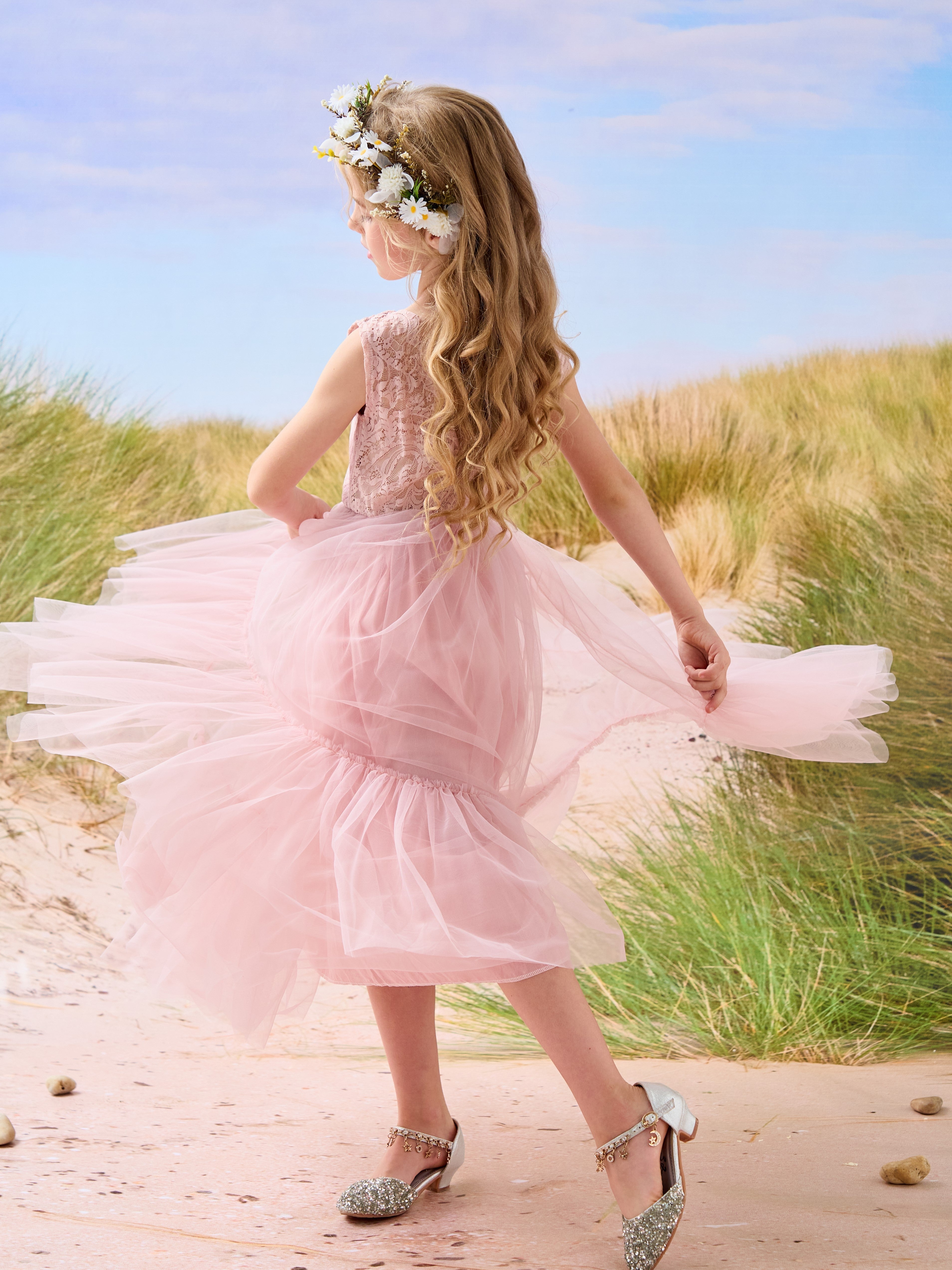 Vestido largo de tul y encaje estilo boho para niña de las flores 