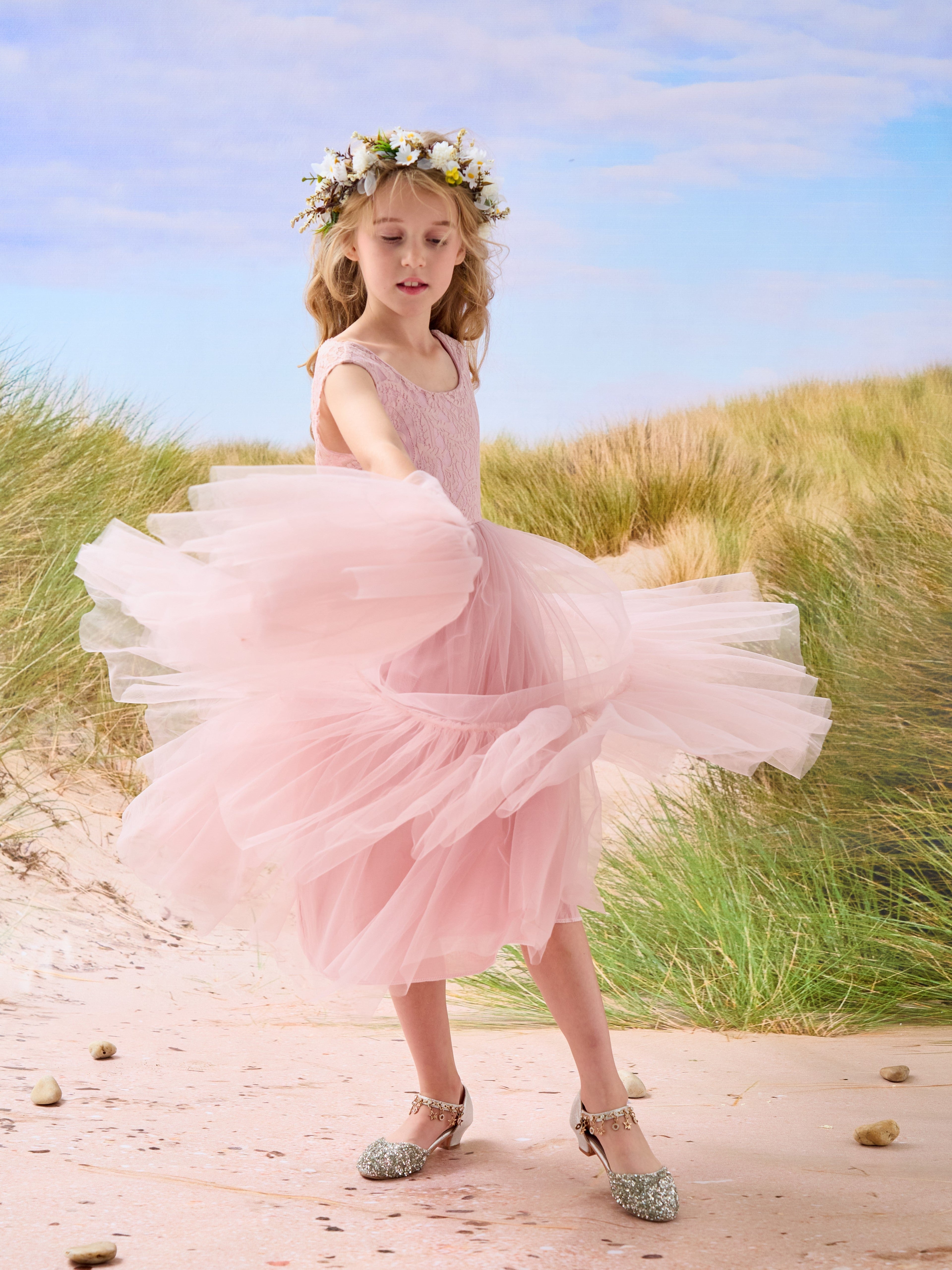 Vestido largo de tul y encaje estilo boho para niña de las flores 