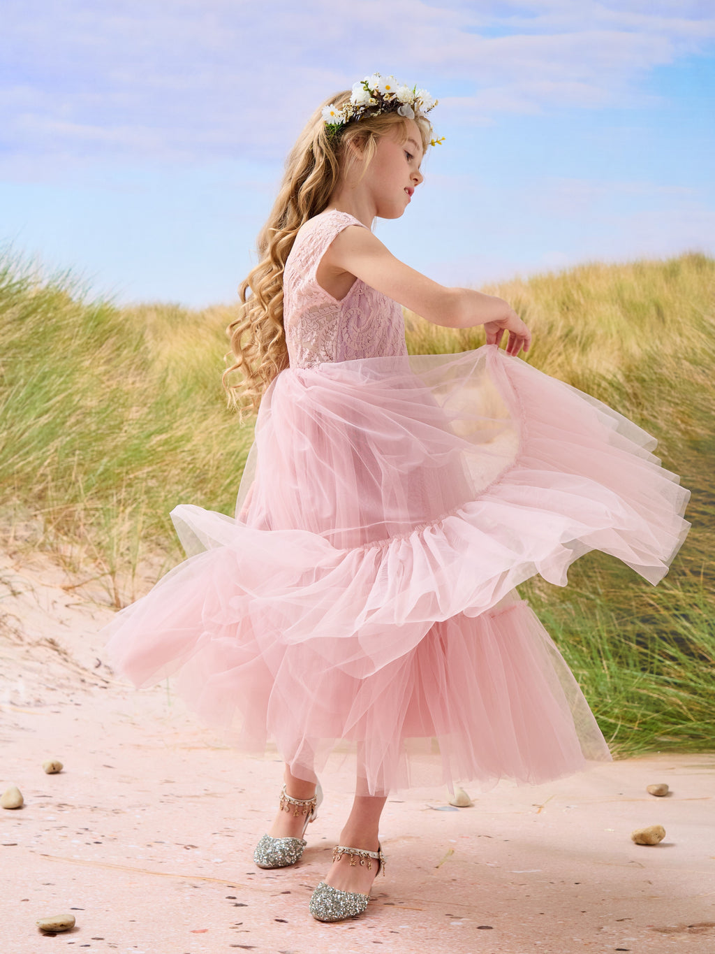 Vestido largo de tul y encaje estilo boho para niña de las flores 