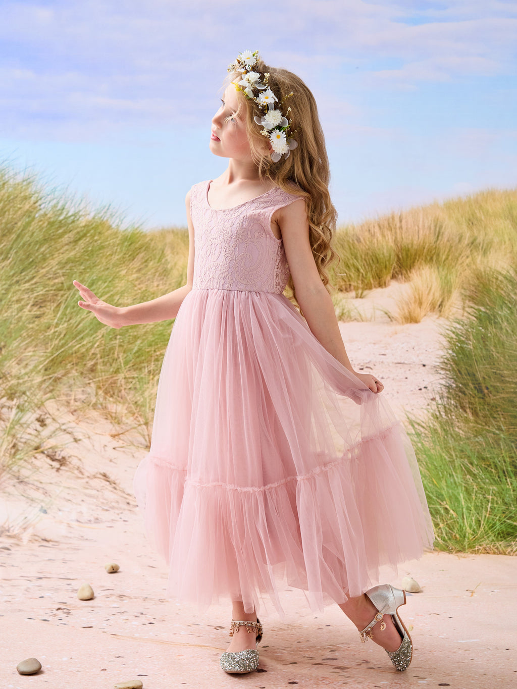 Vestido largo de tul y encaje estilo boho para niña de las flores 