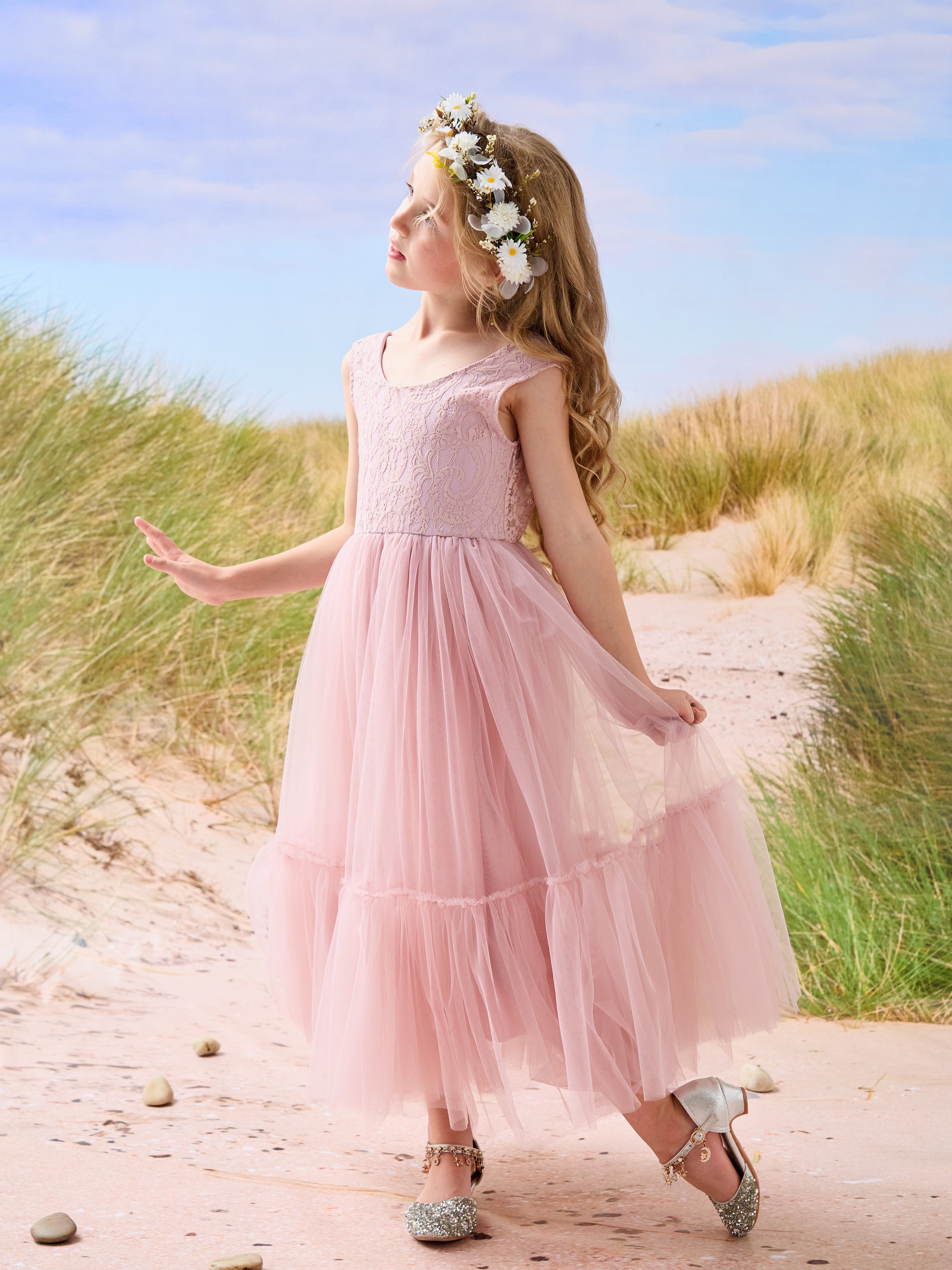 Vestido largo de tul y encaje estilo boho para niña de las flores 