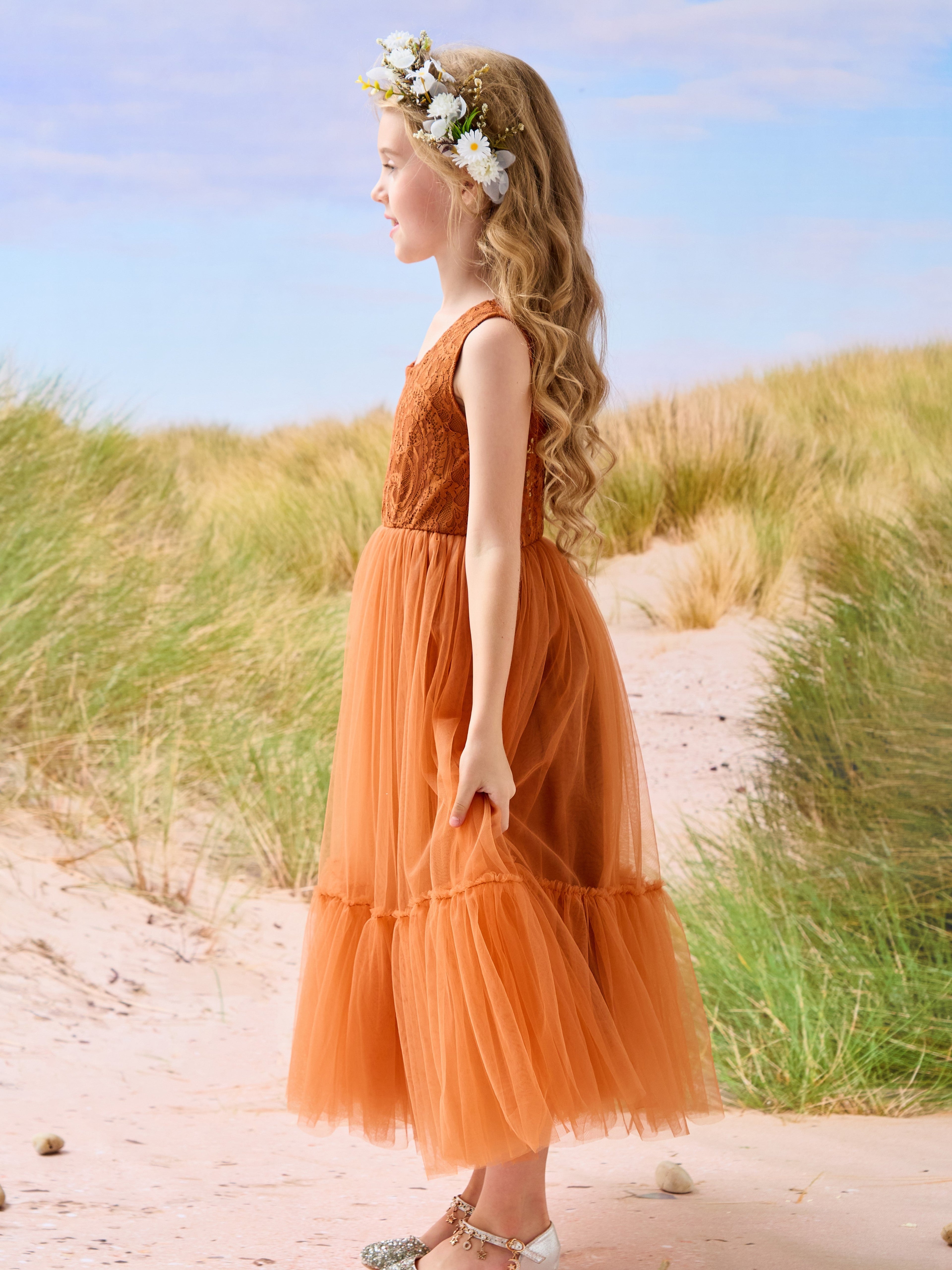 Vestido largo de tul y encaje estilo boho para niña de las flores 