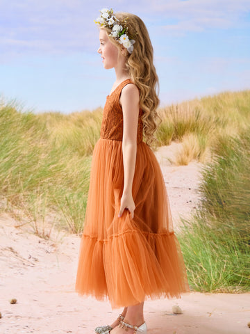 Vestido largo de tul y encaje estilo boho para niña de las flores 