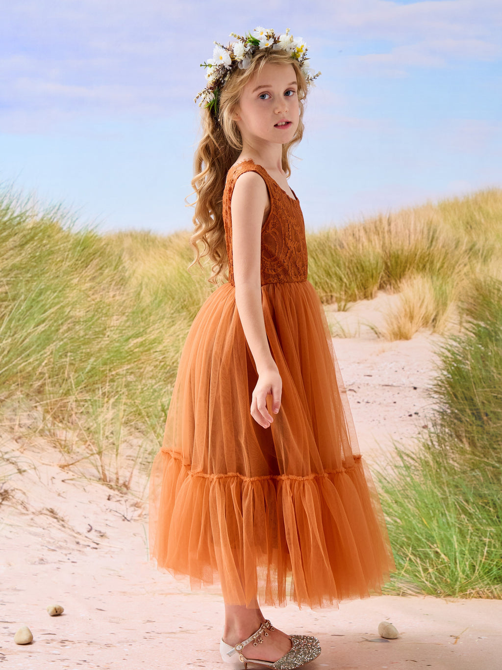 Vestido largo de tul y encaje estilo boho para niña de las flores 