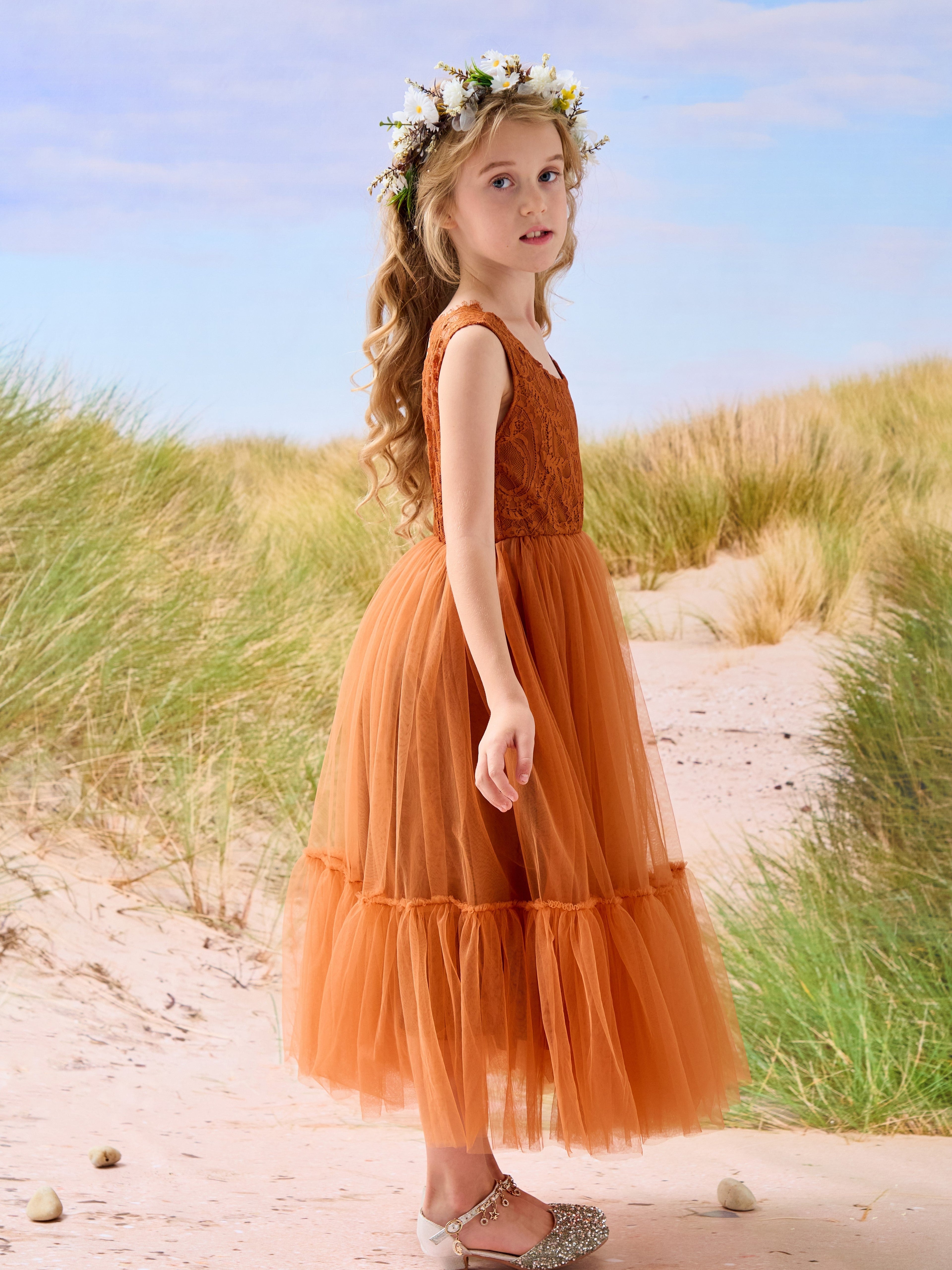 Vestido largo de tul y encaje estilo boho para niña de las flores 