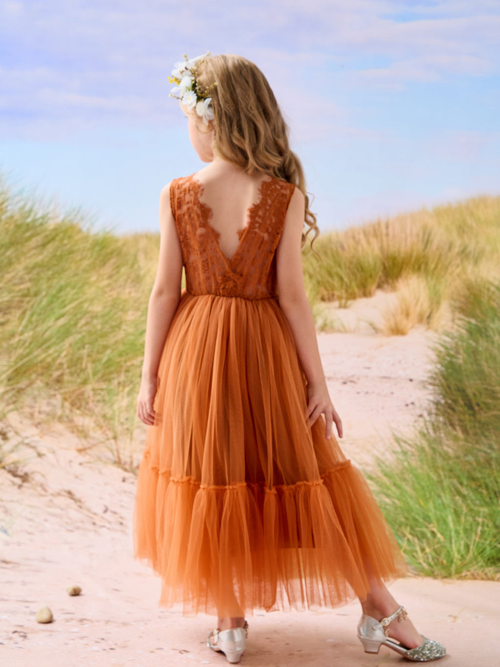 Vestido largo de tul y encaje estilo boho para niña de las flores 