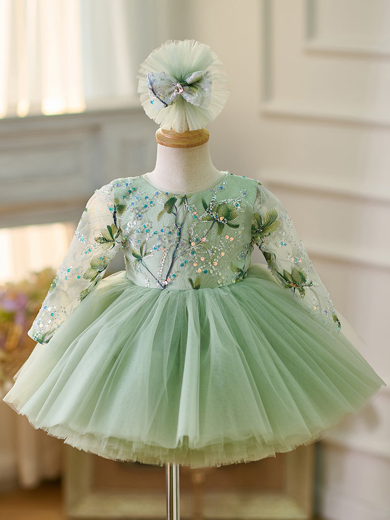 Vestido de bebé niña color verde salvia de manga larga hasta la rodilla 