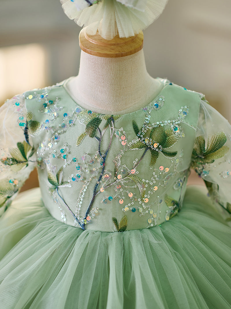 Vestido de bebé niña color verde salvia de manga larga hasta la rodilla 