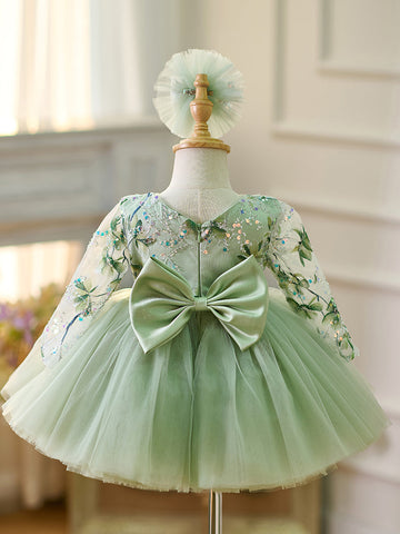 Vestido de bebé niña color verde salvia de manga larga hasta la rodilla 