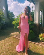 Vestido de fiesta rosa con lentejuelas, escote halter, sexy, de noche, con abertura lateral Y268