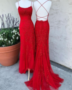 Vestido de fiesta largo de noche formal con tirantes finos, apliques de encaje y tul estilo sirena, espalda cruzada y diseño sin espalda (Y7383)