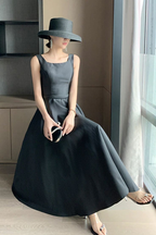 Elegante vestido negro de fiesta, cumpleaños o gala, sin espalda, con gran lazo, ideal para invitadas a eventos nocturnos y fiestas de verano (Y5790)