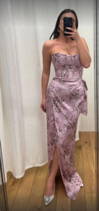 Vestido de fiesta de satén con corsé estampado fucsia y abertura frontal, vestido de noche formal Y8458