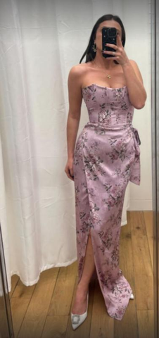 Fuchsia Printed Corset Front-Slit Satin Prom Dress Formal Evening Dress Y8458