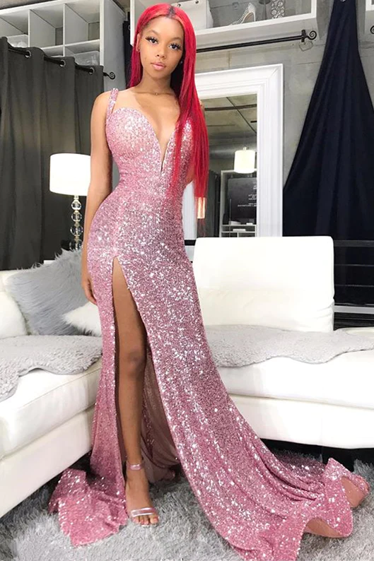 Vestidos de fiesta rosas con lentejuelas | Vestido largo de noche formal con abertura sexy estilo sirena Y1921