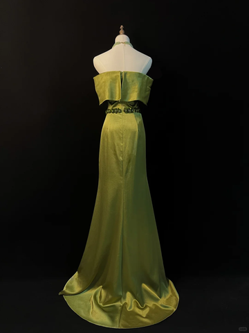 Classy Olive Green Satin Off The Shoulder Slit Prom Dress Slit Mermaid Evening Dress Y8650