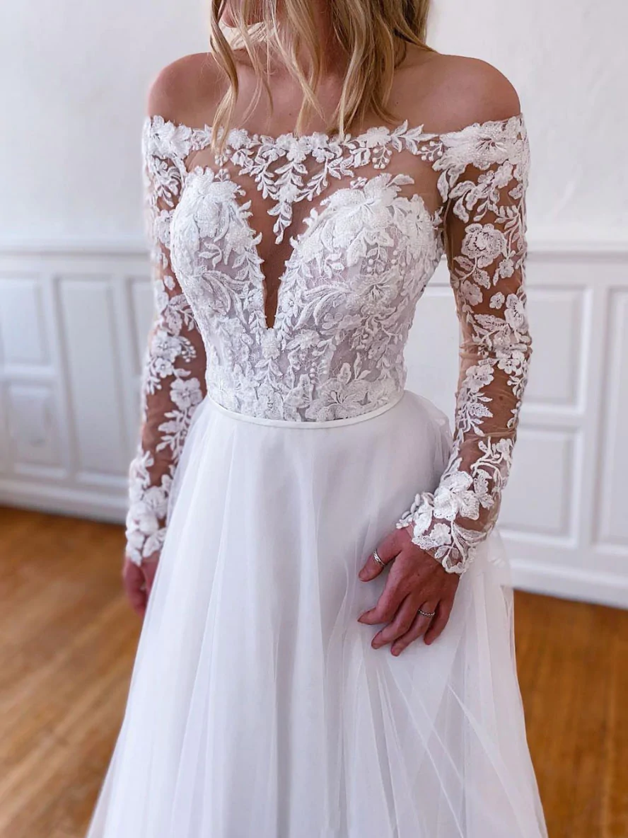 Vestido largo de fiesta de tul y encaje blanco, vestido de noche de tul y encaje blanco Y251