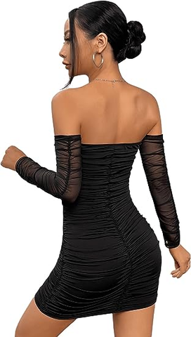 Women's Contrast Mesh Off The Shoulder Ruched Pencil Hem Fitted Homecoming Dress Y2572