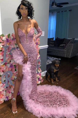 Robe de bal sexy en tulle rose foncé | Robe de soirée décolletée fendue en forme de cœur Y1739