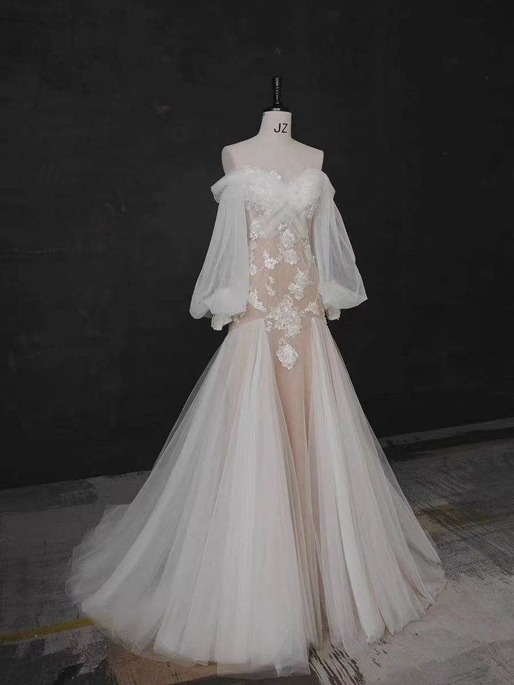 Robes de mariée sirène en dentelle très populaires, robes de mariée à manches bouffantes, robes de mariée élégantes Y4484