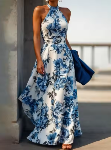 New Arrive Sleeveless Satin Floral Print Halter Neck A Line Evening Dress Blue Prom Dress Y8480