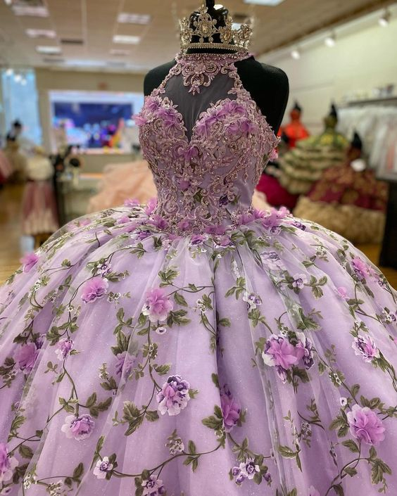 Robe de bal violette luxueuse de coupe trapèze ornée de fleurs, robe violette pour Sweet 16 Y6598