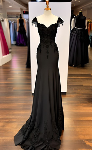Vestido de noche de sirena negro con apliques de gasa, encantador y elegante, modelo Y7823