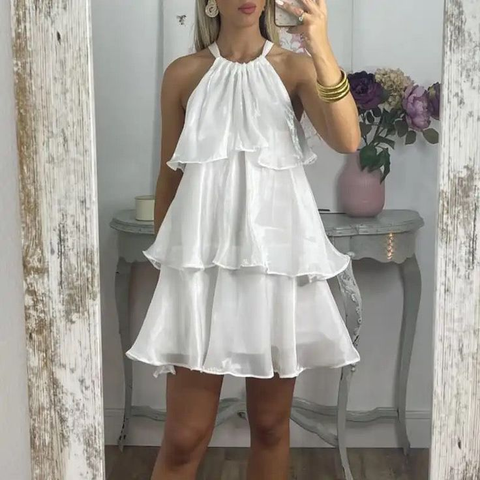 Simple Blue Organza Halter Layered Mini Prom Dress Homecoming Dress Y8089